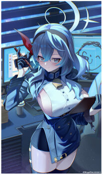 1girl absurdres ako_(blue_archive) bell blue_archive blue_eyes blue_hair blue_halo breasts buttons clipboard computer cowbell doodle_sensei_(blue_archive) double-breasted garter_straps gloves half_gloves halo highres holding holding_clipboard holding_pen large_breasts looking_at_viewer mogurine monitor neck_bell pen sensei_(blue_archive) sideboob sideless_outfit sideless_shirt single_handcuff smile solo