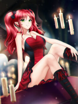 Rule 34 | 1girl, black boots, black bow, black wings, blurry, blurry background, boots, bow, breasts, candle, cleavage, collarbone, commission, demon wings, dutch angle, earrings, female focus, floating hair, gigamessy, gothic lolita, green eyes, hair between eyes, hair bow, indoors, jewelry, knee boots, lolita fashion, long hair, looking at viewer, magic, medium breasts, miniskirt, necklace, original, pleated skirt, pointy ears, red hair, red ribbon, red skirt, ribbon, sideboob, sitting, skirt, smile, solo, striped, twintails, wings