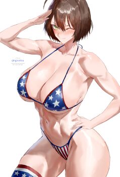 1girl absurdres american_flag american_flag_bikini american_flag_legwear american_flag_print azur_lane baltimore_(azur_lane) bikini blush breasts brown_hair cleavage closed_mouth flag_print flag_print_bikini hand_on_own_hip highres igiroitsu large_breasts looking_at_viewer one_eye_closed print_bikini print_swimsuit salute short_hair simple_background smile solo star_(symbol) star_print swimsuit thighs white_background yellow_eyes