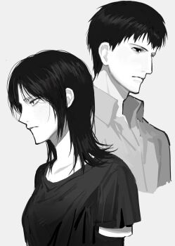 1boy 1girl bertolt_hoover black_hair black_shirt breasts closed_mouth collared_shirt cropped_torso freckles greyscale highres icelandcrow medium_breasts medium_hair monochrome parted_bangs shingeki_no_kyojin shirt short_hair short_sleeves sketch upper_body white_background ymir_(shingeki_no_kyojin)