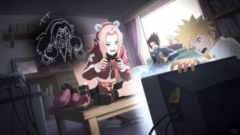 1girl 3boys book boots boxing_gloves controller game_controller haruno_sakura hatake_kakashi highres holding holding_controller indoors multiple_boys naruto_(classic) naruto_(series) official_art playing_games sitting sitting_on_table source_request table television uchiha_sasuke uzumaki_naruto