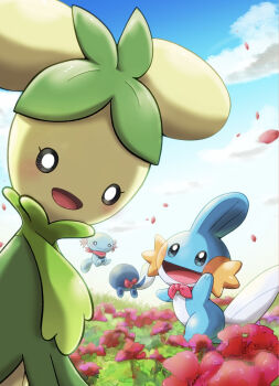 Rule 34 | blue sky, closed mouth, clothed pokemon, cloud, commentary request, day, dolliv, eyelashes, flower, gen 1 pokemon, gen 2 pokemon, gen 3 pokemon, mudkip, neckerchief, nintendo, noir (noir 0010), o o, open mouth, outdoors, petals, pink flower, pink neckerchief, pink petals, pokemon, pokemon (creature), pokemon focus, poliwag, sky, smile, wooper