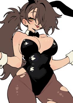 1girl absurdres animal_ears arms_up bare_shoulders bow bowtie breasts brown_hair cowboy_shot dayo34 detached_collar fake_animal_ears green_eyes hair_over_one_eye highres original pantyhose playboy_bunny ponytail solo tongue tongue_out torn_clothes torn_pantyhose white_background wrist_cuffs