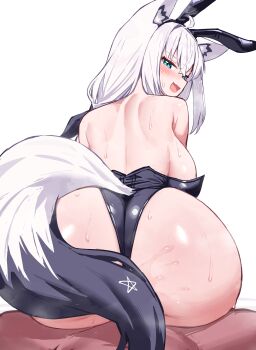 Rule 34 | 1boy, 1girl, :d, absurdres, ahoge, animal ear hairband, animal ears, aqua eyes, ass, backboob, black leotard, black ribbon, blush, breasts, commentary request, deaver, double-parted bangs, fake animal ears, fox ears, fox girl, fox tail, girl on top, hair between eyes, hair ribbon, hairband, hetero, highleg, highleg leotard, highres, hololive, implied sex, large breasts, leotard, long hair, looking at viewer, looking back, low ponytail, median furrow, open mouth, paid reward available, pentagram, playboy bunny, ponytail, pov, pov crotch, rabbit ear hairband, rabbit ears, reverse cowgirl position, ribbon, shirakami fubuki, shoulder blades, simple background, smile, solo focus, straddling, strapless, strapless leotard, tail, virtual youtuber, white background, white hair
