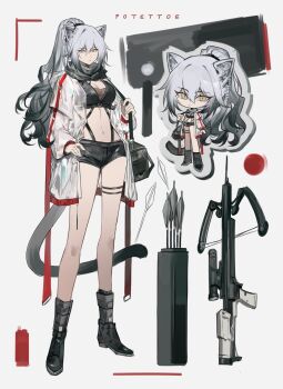 1girl animal_ears arknights arrow_(projectile) artist_name bag bandeau black_bag black_boots black_hair black_scarf black_shorts boots bow_(weapon) breasts cat_ears cat_girl cat_tail chest_harness chibi cleavage closed_mouth commentary crop_top crossbow full_body gradient_hair grey_hair hair_between_eyes hand_on_own_hip harness highres holding_strap jacket legs_apart long_hair long_sleeves medium_breasts multicolored_hair multiple_views navel open_clothes open_jacket ponytail potettoe quill scarf schwarz_(arknights) see-through_clothes see-through_jacket shorts shoulder_bag simple_background slit_pupils standing stomach tail thigh_strap weapon white_background yellow_eyes