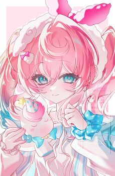 1girl backlighting blue_eyes blue_hair blue_scrunchie blush border bow bow_hairband breasts closed_mouth commentary double-parted_bangs fingernails frilled_sleeves frills fur_hairband gradient_hair hair_between_eyes hair_bow hair_intakes hair_ornament hairband hands_up highres holding honkai:_star_rail honkai_(series) hyacine_(honkai:_star_rail) long_hair long_sleeves looking_at_viewer multicolored_hair neck_ribbon outline outside_border pink_background pink_bow pink_hair polka_dot polka_dot_scrunchie puffy_long_sleeves puffy_sleeves raised_eyebrows ribbon scrunchie shirt sidelocks simple_background small_breasts smile solo symbol-only_commentary tareme touyu_1210 twintails twitter_username two-tone_hair unicorn upper_body watermark wavy_hair white_border white_hairband white_outline white_ribbon white_shirt wrist_scrunchie