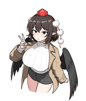 1girl alternate_breast_size_(larger) alternate_costume black_shorts black_wings blush breasts brown_hair brown_jacket cocktiel77 commentary_request cropped_legs feathered_wings hat huge_breasts jacket korean_commentary light_smile long_sleeves looking_at_viewer open_clothes open_jacket partial_commentary pointy_ears pom_pom_(clothes) ribbed_sweater shameimaru_aya short_hair short_shorts shorts simple_background solo sweater sweater_tucked_in thighs tokin_hat touhou v white_background white_sweater wings