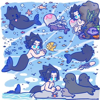 105zz 2boys black_hair blue_eyes coral covered_eyes crab dog final_fantasy final_fantasy_vii final_fantasy_vii:_ever_crisis fins fish fish_tail jellyfish jellyfish_boy kunsel male_focus merman monster_boy multiple_boys multiple_views open_mouth parted_bangs seal_(animal) seaweed short_hair smile spiked_hair starfish swimming tail topless_male underwater zack_fair