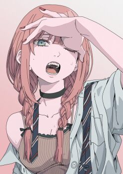 Rule 34 | 1girl, arm up, bags under eyes, black choker, blue eyes, blue necktie, braid, breasts, brown tank top, choker, cleavage, collarbone, collared shirt, commentary request, diagonal-striped clothes, diagonal-striped necktie, fingernails, gradient background, grey shirt, hair over shoulder, hair tie, haku geroda, hand on own head, head tilt, long hair, looking at viewer, low twin braids, medium breasts, mole, mole on cheek, nail polish, necktie, one eye closed, open clothes, open mouth, open shirt, original, pink background, pink hair, red nails, shirt, short sleeves, sidelocks, single bare shoulder, single off shoulder, solo, spaghetti strap, striped clothes, sweat, tank top, teeth, thick eyelashes, tongue, turning head, twin braids, undone necktie, upper body, uvula, white background