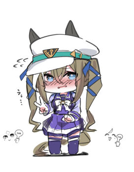 3girls :d ^_^ animal_ears blue_eyes blue_ribbon blush borrowed_hairstyle bow brown_hair cheval_grand_(umamusume) chibi closed_eyes closed_mouth ears_through_headwear flying_sweatdrops hair_between_eyes hair_ribbon hat horse_ears horse_girl horse_tail kawamochi_(kawauti919) long_sleeves mole mole_under_eye multicolored_hair multiple_girls nose_blush open_mouth parted_lips peaked_cap pleated_skirt puffy_long_sleeves puffy_sleeves purple_shirt purple_skirt purple_thighhighs ribbon school_uniform scorecard shirt simple_background sketch skirt smile solo_focus standing streaked_hair tail thighhighs tracen_school_uniform twintails umamusume v v_sisters verxina_(umamusume) vivlos_(umamusume) wavy_mouth white_background white_bow white_hair white_hat