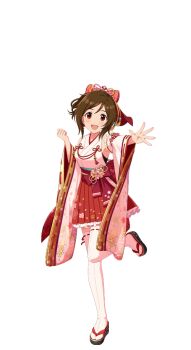 Rule 34 | 1girl, brown hair, detached sleeves, domyoji karin, full body, idol clothes, idolmaster, idolmaster cinderella girls, idolmaster cinderella girls starlight stage, japanese clothes, official art, one leg raised, open mouth, reaching, reaching towards viewer, red eyes, sandals, solo, thighhighs, transparent background