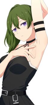 1girl absurdres arm_strap arm_up armpit_focus armpits black_choker black_dress breasts choker commentary_request dress expressionless eyelashes green_hair highres long_hair looking_at_viewer na-suke o-ring o-ring_choker pleated_dress presenting_armpit purple_eyes side_ponytail simple_background solo sousou_no_frieren spread_armpit standing ubel_(sousou_no_frieren) upper_body white_background