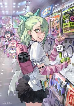 Rule 34 | + +, 3girls, aria (zenless zone zero), arm warmers, artist name, bandaid, bandaid hair ornament, bare shoulders, black hair, black skirt, breasts, dress, earrings, frilled sleeves, frills, from side, fur-trimmed skirt, fur trim, gashapon, green eyes, green hair, green nails, hair ornament, hashtag-only commentary, heart, heart hair ornament, highres, holding, holding toy, indoors, jewelry, kneeling, looking at viewer, m alexa, motion lines, multicolored nails, multiple girls, multiple hair clips, musical note earrings, nangong yu, open mouth, pink arm warmers, pink bag, pink hair, pink nails, ponytail, russian text, skirt, small breasts, striped arm warmers, sunna (zenless zone zero), tears, toy, white dress, winged bag, zenless zone zero