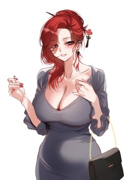 1girl alternate_costume alternate_ears alternate_hairstyle bag black_bag blush breasts charon_(duddnd2361) circle_facial_mark cleavage collarbone contemporary cowboy_shot dongtan_dress dress earrings elbow_carry flower_hairpin grey_dress hair_ornament hairpin hand_up handbag highres jewelry large_breasts medium_hair nail_polish parted_bangs parted_lips red_hair red_nails simple_background smile solo swept_bangs tassel teeth white_background wuthering_waves yinlin_(wuthering_waves)