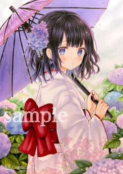 1girl :o absurdres black_hair bow bright_pupils commentary_request earrings flower flower_earrings grey_hair hair_flower hair_ornament highres holding holding_umbrella hydrangea japanese_clothes jewelry kimono light_blush long_sleeves looking_at_viewer looking_to_the_side marker_(medium) medium_hair obi oil-paper_umbrella original parted_lips pink_pupils plant purple_flower red_bow sample_watermark sarieru sash solo standing traditional_media umbrella water_drop watermark white_kimono wide_sleeves