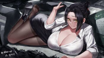 1girl artist_name black_hair black_pantyhose black_skirt bluecup breasts chalkboard cleavage collarbone destruction feet_up folded_ponytail formal_clothes giant giantess high_heels highres huge_breasts looking_at_viewer office_lady open_clothes open_shirt original pantyhose pencil_skirt pumps shirt shoe_soles shoes short_sleeves single_shoe skirt soles solo suit thighs toes white_shirt yellow_eyes