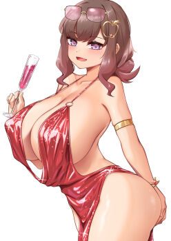 absurdres armlet blush borrowed_character breasts brown_hair cleavage commentary_request cup dress drinking_glass evening_gown eyewear_on_head hair_ornament hand_on_own_ass highres holding holding_cup huge_breasts jewelry kuraishi_ringo_(glassy0302) looking_at_viewer open_mouth original pelvic_curtain plunging_neckline purple_eyes red_dress revealing_clothes sideboob sidelocks smile sunglasses viet_(yomi0556) wine_glass
