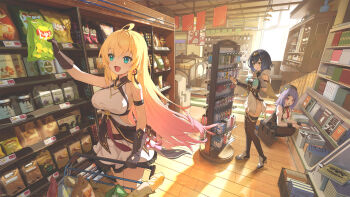 3girls :d ahoge amber_(stella_sora) black_gloves black_hair black_hat black_thighhighs blonde_hair blue_eyes book breasts brown_pantyhose chips_(food) cleavage commentary earrings food gloves hairband hat high_heels highres indoors iris_(stella_sora) jewelry long_hair multiple_girls necktie new_star_guild_(stella_sora) noya_(stella_sora) open_mouth pantyhose pink_hair plant potato_chips potted_plant purple_hair red_eyes red_necktie shop single_earring smile stella_sora stuffed_animal stuffed_toy sudabinggan_at teddy_bear thighhighs yellow_eyes