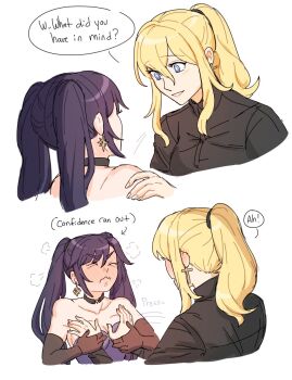 Rule 34 | 2girls, bare shoulders, black shirt, blonde hair, blue eyes, blush, breasts, cleavage, closed mouth, collared shirt, commentary, cross, cross earrings, dashingicecream, ear blush, earrings, elbow gloves, english commentary, english text, full-face blush, genshin impact, gloves, grabbing another's breast, groping, guided breast grab, guiding hand, highres, jean (genshin impact), jewelry, medium breasts, mona (genshin impact), multiple girls, ponytail, purple hair, red gloves, shirt, simple background, speech bubble, twintails, white background, yuri