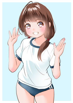 Rule 34 | 1girl, black buruma, blue background, border, brown hair, buruma, gym uniform, long hair, looking at viewer, mixed-language commentary, original, outside border, shirt, simple background, smile, solo, sportswear, teeth, twintails, white border, white shirt, yamanaka kouji (yanchiki2001)