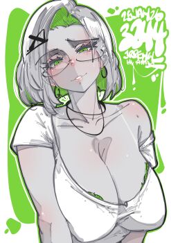 1girl absurdres artist_name border bra bra_peek breasts cleavage collarbone colored_inner_hair colored_skin commentary earrings english_commentary glasses green_background green_eyes green_hair grey_skin hair_ornament half-closed_eyes highres jewelry jrpencil large_breasts looking_at_viewer multicolored_hair original outside_border parted_lips shirt short_hair short_sleeves smile solo two-tone_hair underwear upper_body white_border white_hair white_shirt