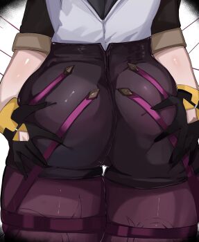 2girls absurdres arnkun ass ass_focus black_gloves gloves hands_on_another&#039;s_ass high-waist_shorts highres honkai:_star_rail honkai_(series) kafka_(honkai:_star_rail) multiple_girls pantyhose pantyhose_under_shorts purple_pantyhose shirt short_sleeves shorts simple_background stelle_(honkai:_star_rail) thigh_gap thighs trailblazer_(honkai:_star_rail) white_shirt yuri