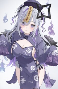 1girl :3 absurdres alternate_costume amane_konata black_hat black_wings blush breasts china_dress chinese_clothes cleavage closed_mouth colored_inner_hair commentary dress eyes_visible_through_hair grey_hair hat highres hololive jiangshi large_breasts looking_at_viewer multicolored_hair ofuda purple_dress purple_eyes purple_hair side_part sideboob sleeves_past_fingers sleeves_past_wrists solo symbol-only_commentary tamamorh virtual_youtuber white_background will-o&#039;-the-wisp_(mythology) wings