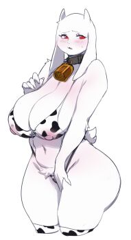 0lightsource 1girl alternate_costume animal_ears animal_print ass bell bikini black_collar blush body_fur breasts collar covered_erect_nipples cow_print cow_print_bikini cow_print_thighhighs cowbell curvy embarrassed fangs furrowed_brow furry furry_female goat_ears goat_girl goat_horns goat_tail hand_on_own_crotch hand_up highres horns huge_breasts looking_at_viewer navel neck_bell nipples parted_lips print_bikini print_thighhighs red_eyes see-through_bikini see-through_clothes skin_fangs sweatdrop swimsuit tail thick_thighs thighhighs thighs toriel undertale utdr_(toby_fox) white_fur wide_hips