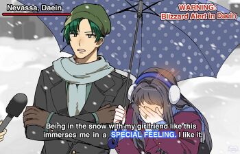 1boy 1girl astrid_(fire_emblem) black_hair blush commission commissioner_upload contemporary crossed_arms earmuffs embarrassed english_text facepalm fire_emblem fire_emblem:_radiant_dawn green_hair holding holding_umbrella meme nintendo non-web_source pomme_(lazzledazzle) snow snowing sothe_(fire_emblem) special_feeling_(meme) subtitled umbrella yellow_eyes