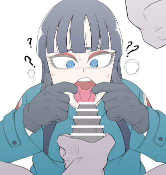1boy 1girl ? ?? absurdres bar_censor black_gloves black_hair blue_coat blue_eyes blunt_bangs bright_pupils censored choppy_bangs clothed_female_nude_male coat colored_skin cyrano_(aazzss3) dragon_ball dragon_ball_(classic) eyeliner eyeshadow faceless faceless_male fellatio finger_in_own_mouth flat_color force-feeding forced gloves grey_skin highres hime_cut imminent_fellatio implied_rape insignia irrumatio long_hair mai_(dragon_ball) makeup military_uniform nude open_mouth oral penis red_eyeshadow sidelocks simple_background solo_focus straight_hair sweat tongue trench_coat tricked tricked_into_sex veins veiny_hands white_background white_pupils