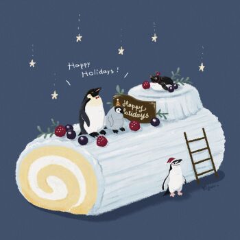 animal_focus baby_animal berry bird blue_background cake christmas commentary_request food food_focus happy_holidays hat highres ladder no_humans on_food original p_kaki9 penguin penguin_chick santa_hat swiss_roll undersized_animal