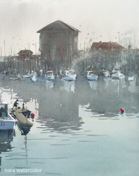 Rule 34 | 1boy, animal, bird, boat, building, buoy, day, ladder, nara watercolor, original, painting (medium), pier, reflection, reflective liquid, scenery, shore, solo, traditional media, water, watercolor (medium), watercraft