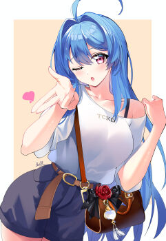 1girl ;o absurdres alternate_costume azur_lane bag blue_hair blue_nails blue_shorts blush breasts casual hair_between_eyes hands_up heart helena_(azur_lane) highres leaning_to_the_side long_hair looking_at_viewer medium_breasts off-shoulder_shirt off_shoulder one_eye_closed purple_eyes shirt short_shorts shorts shoulder_bag single_bare_shoulder solo tckd very_long_hair white_shirt