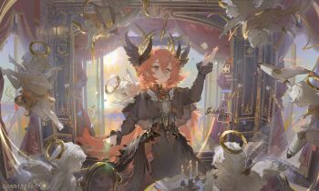 1girl absurdly_long_hair absurdres angel_wings black_capelet black_skirt black_sleeves black_wings bright_pupils candle candlestand capelet chest_jewel collared_capelet commission confetti cupid curtains expressionless eyelashes feathered_wings feet_out_of_frame fire frilled_sleeves frills gem hair_between_eyes halo halo_behind_head harp head_wings heterochromia high-waist_skirt high_collar highres indoors instrument light_particles long_hair long_hair_between_eyes long_skirt long_sleeves looking_ahead mismatched_pupils mole mole_under_eye music orange_hair original playing_instrument red_eyes red_gemstone shirt skirt solo spiked_halo stage table twitter_username very_long_hair white_pupils white_shirt wings yaungpeng yellow_eyes yellow_halo