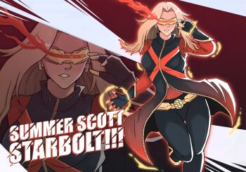 Rule 34 | alternate costume, belt, black jacket, black pants, blonde hair, cyclops (x-men), genderswap, genderswap (mtf), gloves, gold belt, highres, jacket, magic, marvel, marvel rivals, mfzero, pants, red visor, superhero costume, undershirt, x-men, yellow lips