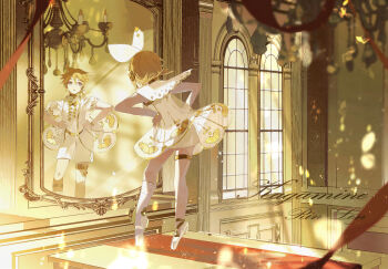 1boy 1girl absurdres ballet_slippers blonde_hair blue_eyes bow chandelier character_name dress full_body gold_bow gold_trim gramophone_len gramophone_rin hair_between_eyes hair_bow hands_on_own_hips highres jacket kagamine_len kagamine_rin light_particles looking_at_mirror miku_symphony_(vocaloid) mirror momo43757115 see-through_clothes see-through_dress see-through_jacket shorts single_sock socks thigh_strap vocaloid white_bow white_shorts window