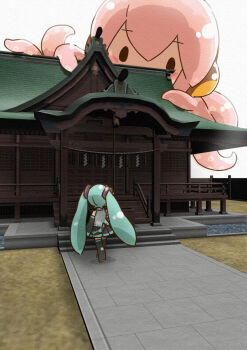 2girls 3d animal aqua_hair bare_shoulders black_eyes black_legwear black_skirt black_sleeves blouse blush_stickers chibi creature detached_sleeves from_behind grey_shirt hair_ornament hatsune_miku headphones highres long_hair looking_at_another megurine_luka miniskirt multiple_girls octopus outdoors oversized_animal pink_hair pleated_skirt rope sanpati shide shimenawa shirt shrine skirt sleeveless sleeveless_shirt solid_oval_eyes takoluka tentacle_hair tentacles thighhighs twintails very_long_hair vocaloid zettai_ryouiki