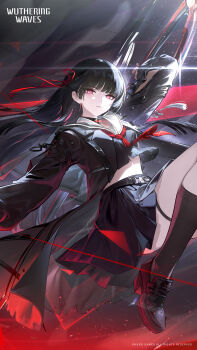 1girl absurdres arm_cutout black_choker black_hair black_jacket black_serafuku black_shirt black_shoes black_skirt breasts character_name chinese_commentary chisa_(wuthering_waves) choker classroom clothing_cutout collarbone commentary_request crop_top fighting hair_ribbon highres jacket logo long_hair medium_breasts neckerchief official_art people red_eyes red_neckerchief red_ribbon ribbon ruins sailor_collar school_uniform serafuku shirt shoes skirt sword tacet_discord_(wuthering_waves) thigh_strap weapon white_sailor_collar wuthering_waves