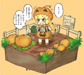 Rule 34 | 1girl, bare shoulders, blonde hair, blush, bow, bowtie, center frills, fang, frilled shorts, frills, garden, gardening, gloves, gradient hair, green eyes, green hair, hat, isometric, jack-o'-lantern (kemono friends), kemono friends, kemono friends 3, multicolored hair, numazoko namazu, open mouth, orange bow, orange bowtie, orange hat, orange shorts, pantyhose, plant hair, pumpkin, pumpkin hat, pumpkin shorts, shirt, shorts, sleeveless, smile, solo, translation request, watering can, white gloves, white pantyhose, white shirt
