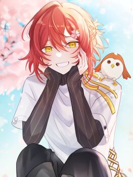 1boy animal animal_on_shoulder bird bird_on_shoulder black_pants black_sweater capri_pants cherry_blossoms day falling_petals feet_out_of_frame flower grin hair_between_eyes hair_flower hair_ornament hairclip half_updo hanasaki_miyabi hanasaki_miyabi_(1st_costume) hands_on_own_cheeks hands_on_own_face head_rest highres holostars knees_up kyomu_suzume layered_sleeves light_blush long_sleeves looking_at_viewer male_focus medium_hair pants petals pink_flower rainey red_hair ribbon shirt short_over_long_sleeves short_sleeves sleeves_past_wrists smile solo sparrow sweater turtleneck turtleneck_sweater virtual_youtuber white_shirt yellow_eyes yellow_ribbon