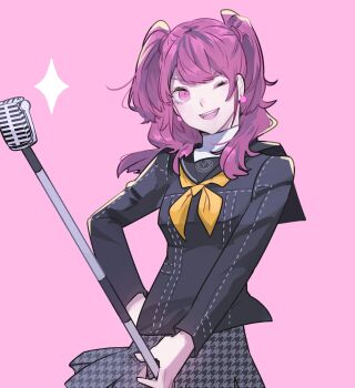 1girl awakeri99 black_sailor_collar black_shirt breasts earrings hand_on_own_hip highres holding holding_microphone_stand jewelry kujikawa_rise long_hair medium_breasts microphone_stand neckerchief one_eye_closed open_mouth persona persona_4 pink_background pink_eyes pink_hair print_skirt sailor_collar school_uniform shirt skirt smile solo twintails undershirt upper_body white_shirt yellow_neckerchief