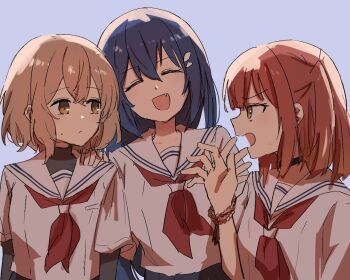 3girls :d black_choker blue_background blue_hair bracelet brown_eyes brown_hair choker fang girl_sandwich hand_on_another&#039;s_shoulder ini_yoy jewelry layered_sleeves long_hair long_sleeves multiple_girls neckerchief open_mouth oumi_shiori profile pushing_away red_hair red_neckerchief sailor_collar sandwiched school_uniform serafuku shirt short_hair short_over_long_sleeves short_sleeves simple_background small_sweatdrop smile turtleneck upper_body watashi_wo_tabetai_hitodenashi white_sailor_collar white_shirt yaotose_hinako yashiro_miko