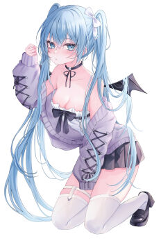 1girl absurdres bare_shoulders black_bow black_choker black_ribbon black_wings blue_eyes blush bow breasts cardigan choker cleavage clenched_hand commentary corset demon_wings frilled_skirt frills full_body hair_bow hand_up highres hiiragi_(hr_ccr) large_breasts loafers long_hair long_sleeves looking_at_viewer mini_wings miniskirt neck_ribbon off_shoulder open_cardigan open_clothes original parted_lips purple_corset purple_skirt purple_sweater ribbon shoes simple_background sitting skirt solo sweater thighhighs twintails two_side_up wariza white_background white_bow white_thighhighs wings zettai_ryouiki