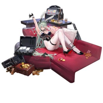 1girl ace_(playing_card) ace_of_diamonds animal_ears arm_up armpits bandaid bandaid_on_arm banknote bell beretta_ltlx_7000 bikini bikini_top_only black_bikini black_gloves black_ribbon black_shoes blush breasts card coin computerized_scope corset couch counter crossed_legs cup diamond_(shape) drinking_glass fake_animal_ears gem girls'_frontline gloves gold gold_bar gold_coin green_hair griffin_&amp;_kryuger_logo gun hair_between_eyes hair_ribbon headgear heart high_heels highres less-than-lethal_weapon ltlx_7000_(girls'_frontline) ltlx_7000_(macallan_intoxication)_(girls'_frontline) lying mole mole_on_breast money neck_bell nontraditional_playboy_bunny official_alternate_costume official_art one_eye_closed open_suitcase pantyhose pillow playing_card pump-action_shotgun rabbit_ears red_eyes red_gemstone revision ribbon riot_gun riot_shotgun rubbing_eyes shoes shotgun slot_machine solo spill stretching suitcase swimsuit thigh_strap third-party_source torn_bikini torn_clothes torn_pantyhose transparent_background weapon white_pantyhose white_wrist_cuffs wrist_cuffs yoyo_(550098)