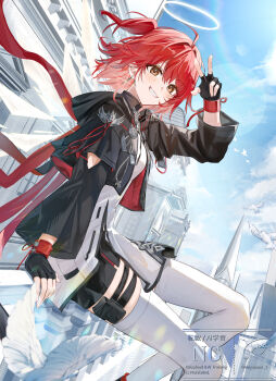 1girl ahoge arknights artist_name black_gloves black_horns black_jacket brown_eyes commentary_request day exusiai_(arknights) feet_out_of_frame fingerless_gloves gloves grin hair_between_eyes halo hand_up highres horns jacket long_sleeves looking_at_viewer miyanami_3 open_clothes open_jacket outdoors red_hair short_hair smile solo thigh_strap thighhighs w white_halo white_thighhighs