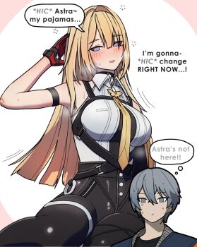 1boy 1girl alternate_hairstyle blush commentary dorahdew drunk english_commentary evelyn_chevalier hair_down highres simple_background sweat white_background wise_(zenless_zone_zero) zenless_zone_zero