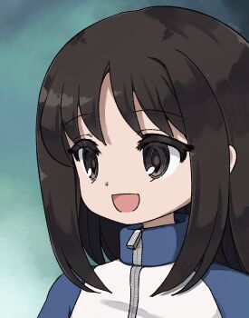 1girl :d azumanga_daiou blue_collar blue_jacket blue_sleeves brown_eyes brown_hair collar green_background gym_teacher happy highres jacket kasuga_ayumu long_hair nakobon open_mouth sidelocks smile teacher track_jacket zipper