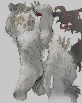 1boy abs absurdres armpit_hair armpits arms_up ass asymmetrical_horns back baramonsters bare_arms bare_back bare_legs bare_pectorals bare_shoulders battle_scarred black_tail body_fur body_hair chest_hair clenched_teeth completely_nude elden_ring facial_hair from_behind from_side fromsoftware grey_background highres holding holding_sword holding_weapon horns large_pectorals large_tail long_hair long_sideburns looking_back male_focus margit_the_fell_omen mature_male mismatched_horns monster_boy morgott_the_omen_king multiple_horns multiple_scars muscular muscular_male nipples no_humans nude old old_man over_shoulder pectorals red_horns scar scar_on_arm scar_on_ass scar_on_back scar_on_chest scar_on_hand scar_on_hip scar_on_leg scar_on_shoulder scar_on_stomach scars_all_over sideburns simple_background solo solo_focus stomach sword sword_over_shoulder tail teeth thick_thighs thighs too_many topless_male uneven_horns weapon weapon_over_shoulder white_fur white_hair