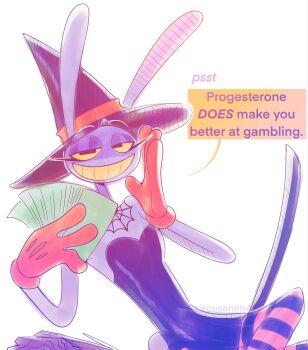 animal_ears artist_name black_dress black_pantyhose circusanim4l colored_sclera colored_teeth commentary dress english_commentary english_text furry gloves hat highres holding holding_money jax_(the_amazing_digital_circus) money official_alternate_costume orange_gloves orange_pantyhose pantyhose rabbit_ears smile strapless strapless_dress striped_clothes striped_pantyhose the_amazing_digital_circus witch witch_hat yellow_sclera yellow_teeth