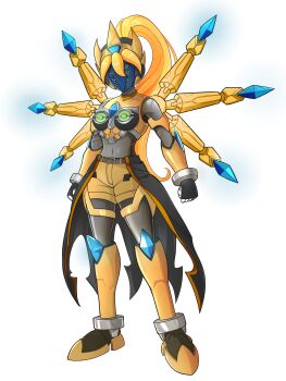 absurdres alternate_costume armor armored_boots belt blonde_hair body_armor bodystocking boots breasts chest_jewel ciel_(mega_man) coattails commission commissioner_upload covered_navel crown extra_eyes forehead_jewel full_body gauntlets gloves green_eyes highres knee_pads long_hair mask mechanical_ears mechanical_wings mega_man_(series) mega_man_zero_(series) mega_man_zx model_w_(mega_man) non-web_source ponytail shorts small_breasts thighs tiara transparent_background uta_guipiy wings